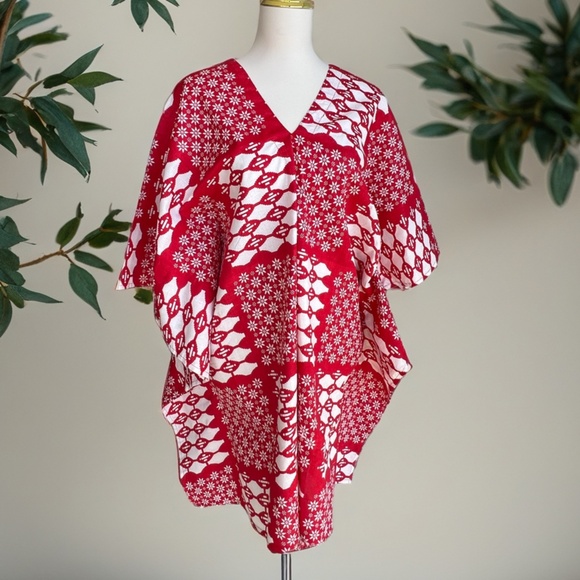 0127/ Red & White Batik Pattern Short Kaftan, Cotton Dress - Picture 11 of 14